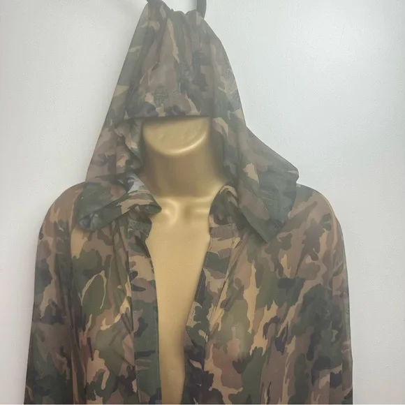 Rough Trade Gear Green Tan Camo Print SheerMesh Oversized Hooded Coverup NWT O/S